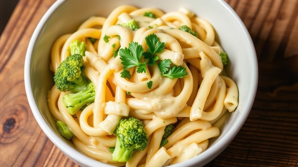 Creamy Broccoli Cheese Pasta Delight Creamy Broccoli Cheese Pasta with cheese sauce and broccoli on a rustic wooden table.